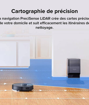 Navigation LiDAR précise du Roborock Q7 Max+ noir pour cartographier et optimiser les trajets de nettoyage dans la maison.