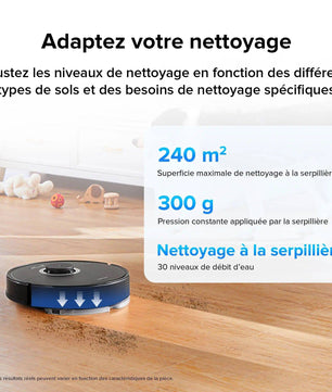 Roborock Q7 Max+ noir ajustant le débit d'eau pour nettoyer 240 m² avec 300 g de pression constante sur la serpillière.
