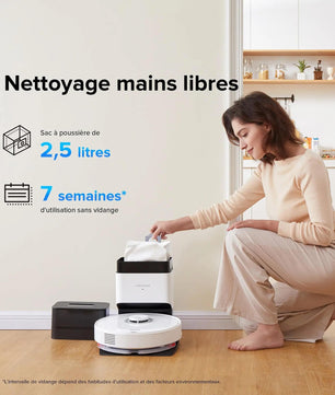 Vidange automatique du Roborock Q7 Max+ avec sac de 2,5 litres pour un nettoyage mains libres jusqu'à 7 semaines.
