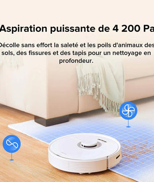 Aspirateur Roborock Q7 Max+ avec puissance d'aspiration de 4200 Pa, idéal pour enlever les poils d'animaux et la saleté incrustée.