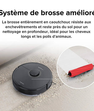 Brosse en caoutchouc du Roborock Q7 Max+ noir conçue pour éviter les enchevêtrements et capturer les cheveux longs efficacement.