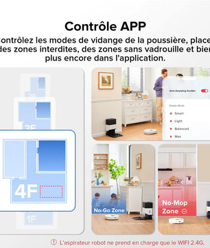 Contrôle via application du Roborock Q7 Max+ avec zones interdites, sans serpillière et modes de vidange personnalisables.