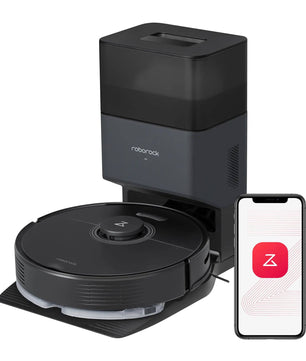 Roborock Q7 Max Plus noir avec station de vidange automatique et application mobile pour un nettoyage connecté et sans effort.
