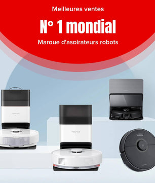 Gamme Roborock Q7 Max+ en blanc et noir, meilleure vente mondiale dans la catégorie des aspirateurs robots intelligents.