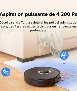 Aspirateur Roborock Q7 Max+ noir avec 4200 Pa d'aspiration pour éliminer les poils d'animaux et la poussière en profondeur.