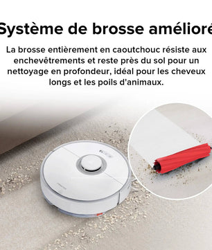 Brosse en caoutchouc du Roborock Q7 Max+ conçue pour éviter les enchevêtrements et capturer efficacement les cheveux longs.