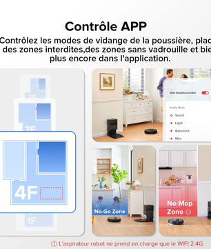 Contrôle intelligent via application du Roborock Q7 Max+ noir avec zones interdites et options de nettoyage personnalisées.